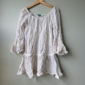 Giacomo Cinque White Embroidered Eyelet Peasant Mini Dress‎ One Size